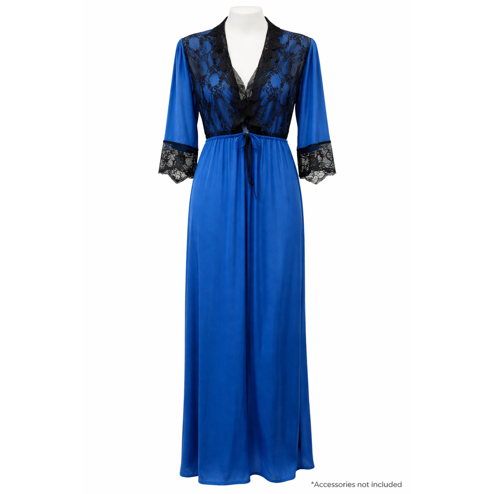 Prestige Blue Lace Trim Long Robe Sheer Floral Sleeve Lingerie Dressing Gown